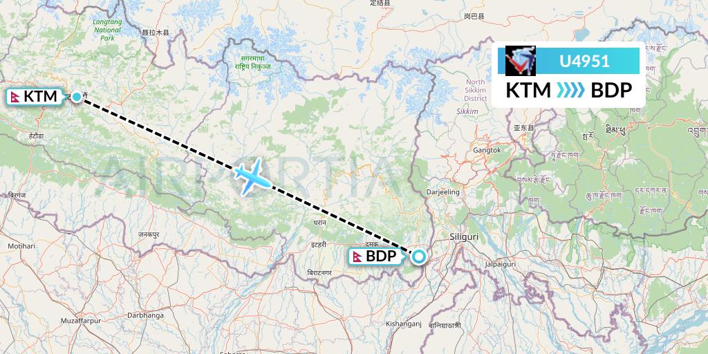 U4951 Buddha Air Flight Map: Kathmandu to Bhadrapur