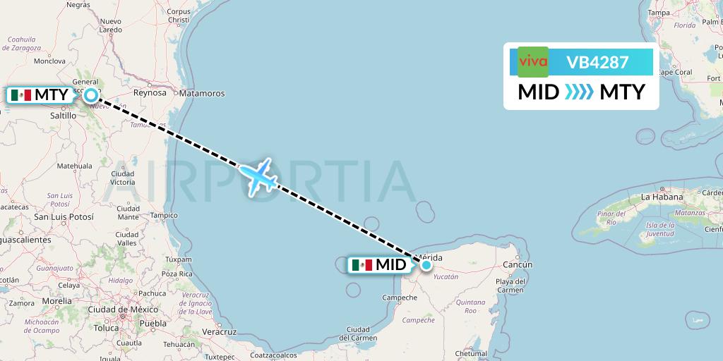 VB4287 VivaAerobus Flight Map: Merida to Monterrey