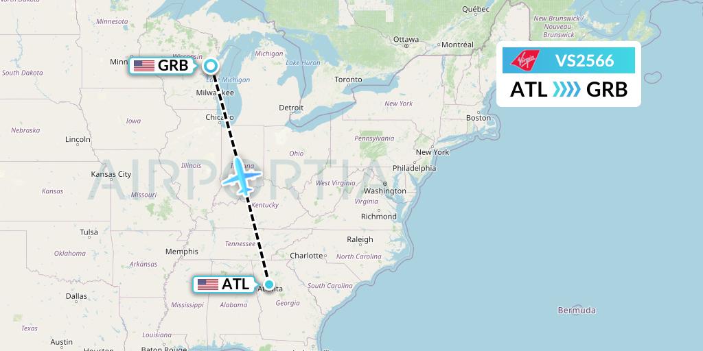 VS2566 Virgin Atlantic Airways Flight Map: Atlanta to Green Bay
