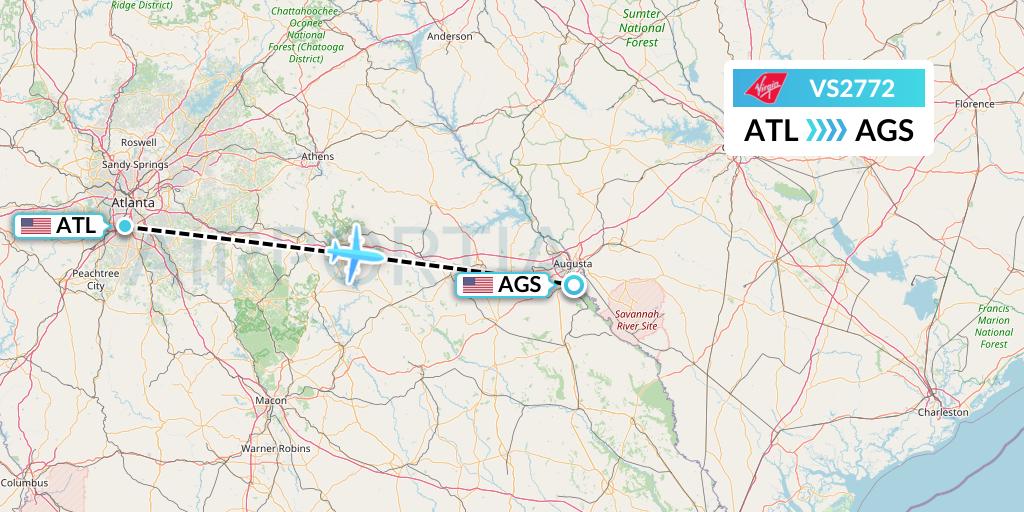VS2772 Virgin Atlantic Airways Flight Map: Atlanta to Augusta