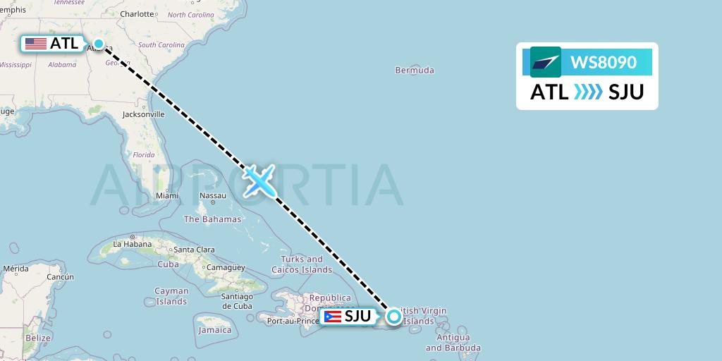 WS8090 WestJet Flight Map: Atlanta to San Juan