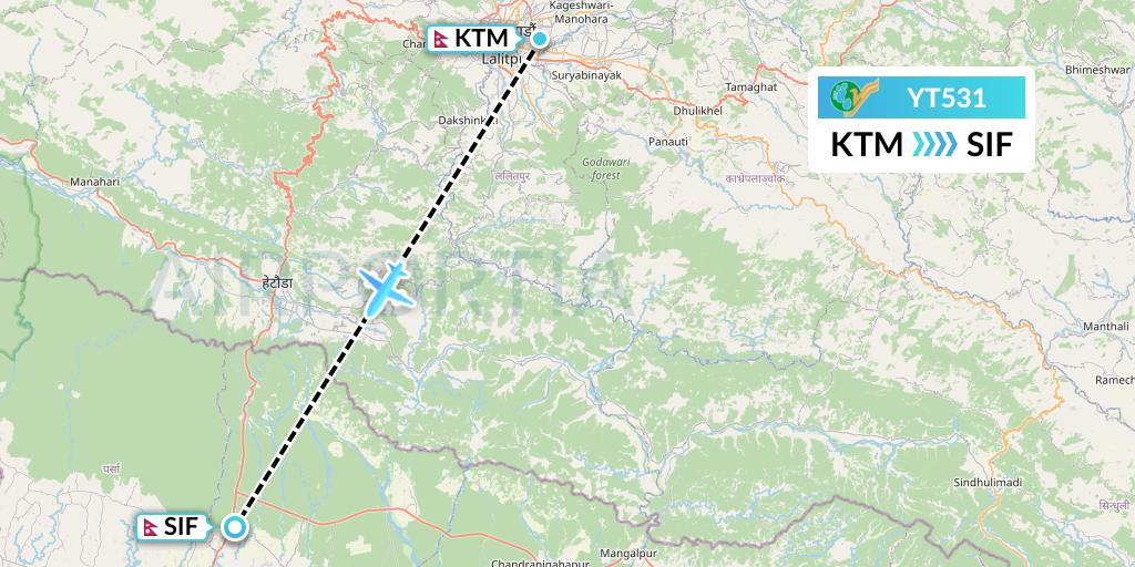 YT531 Yeti Airlines Flight Map: Kathmandu to Simara