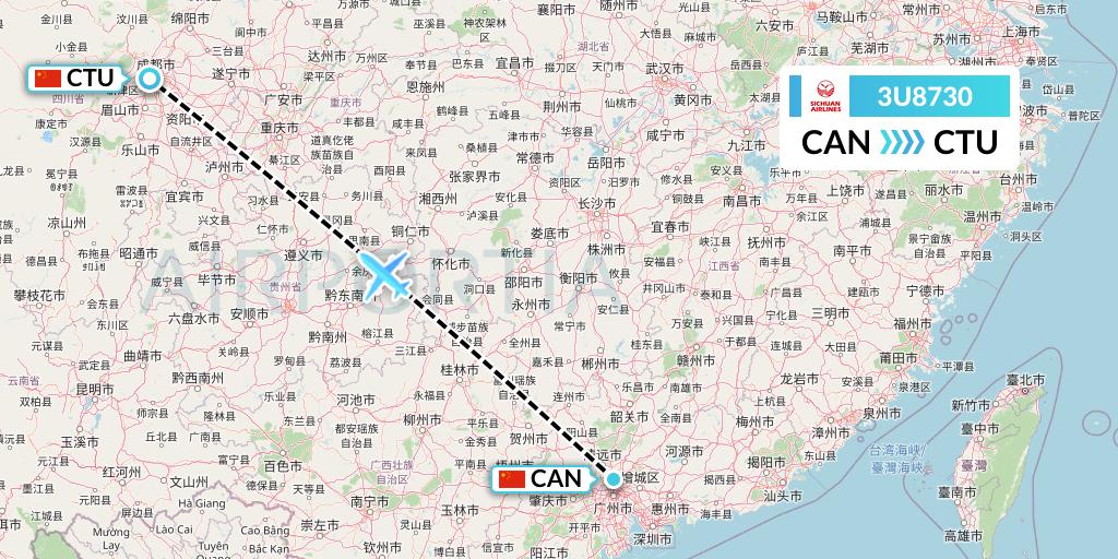 3U8730 Sichuan Airlines Flight Map: Guangzhou to Chengdu