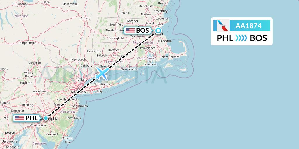 AA1874 American Airlines Flight Map: Philadelphia to Boston