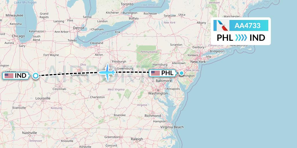 AA4733 American Airlines Flight Map: Philadelphia to Indianapolis