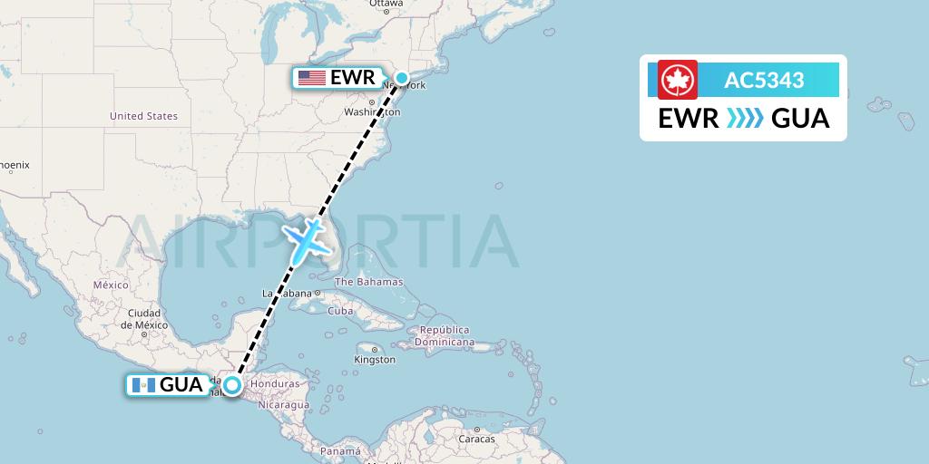 AC5343 Air Canada Flight Map: New York to Guatemala City