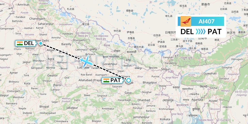 AI407 Air India Flight Map: Delhi to Patna