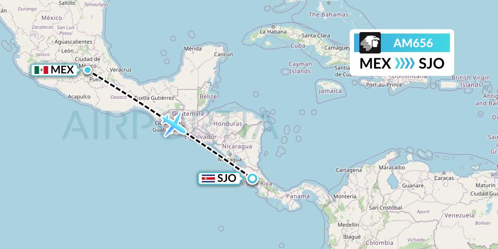 AM656 Aeromexico Flight Map: Mexico City to San Jose