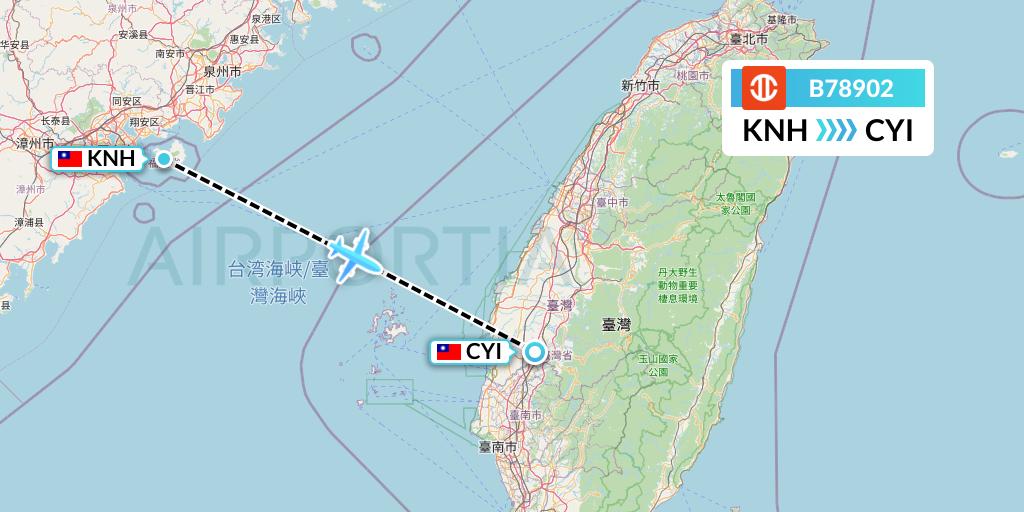 B78902 UNI Air Flight Map: Kinmen to Chiayi City