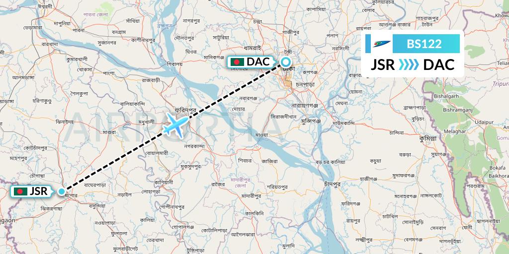 BS122 US-Bangla Airlines Flight Map: Jessore to Dhaka