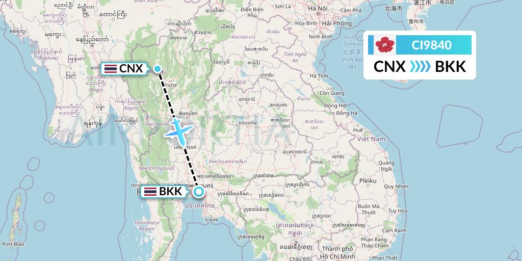 CI9840 China Airlines Flight Map: Chiang Mai to Bangkok