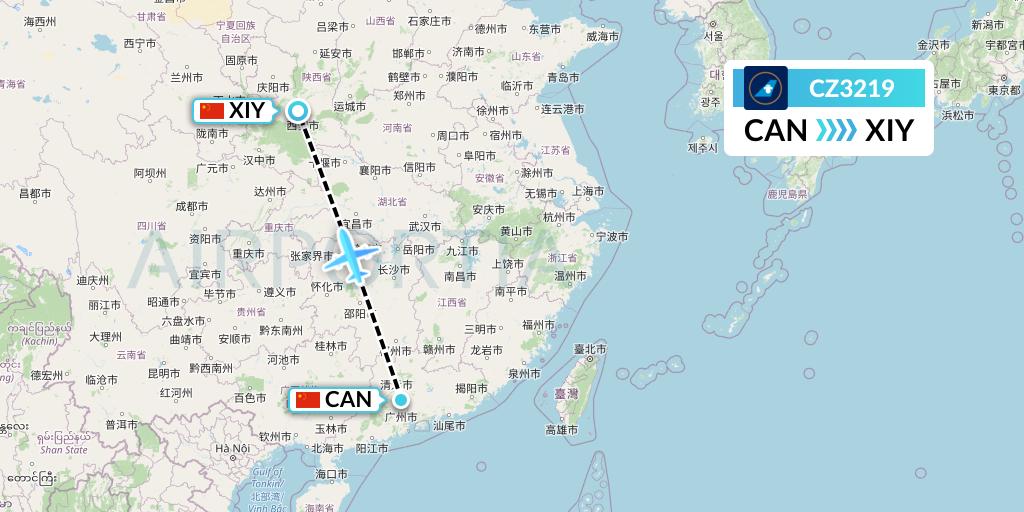 CZ3219 China Southern Airlines Flight Map: Guangzhou to Xi'an