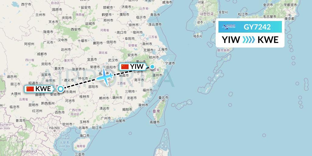 GY7242 Colorful GuiZhou Airlines Flight Map: Yiwu to Guiyang
