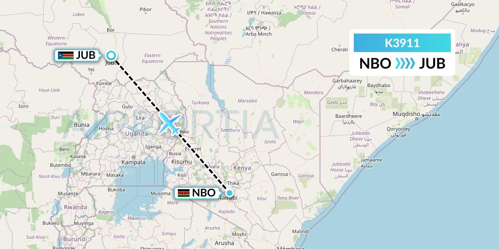K3911 Taquan Air Flight Map: Nairobi to Juba