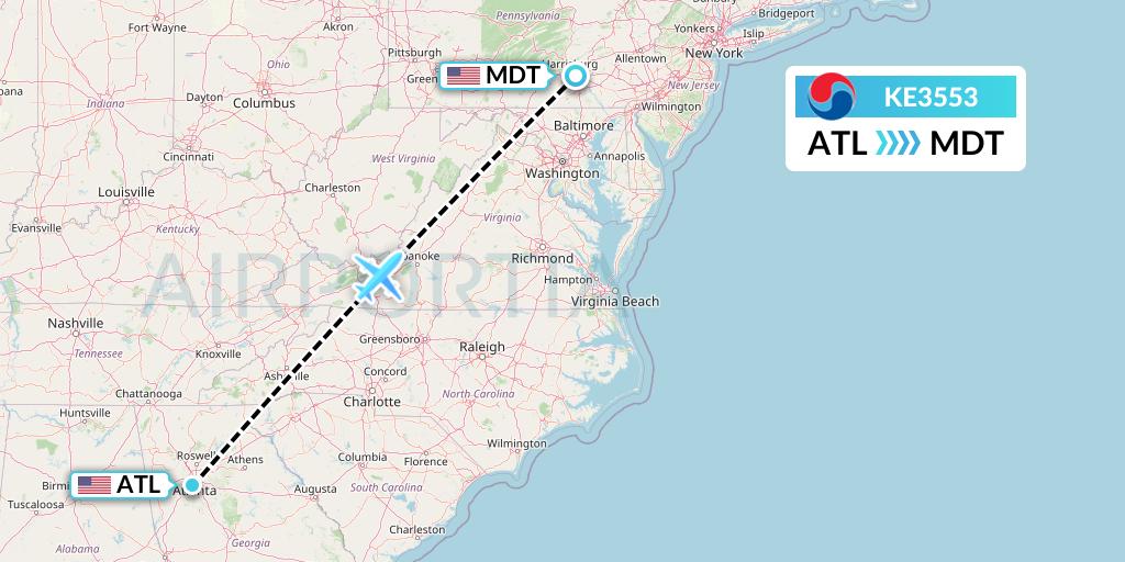 KE3553 Korean Air Flight Map: Atlanta to Harrisburg