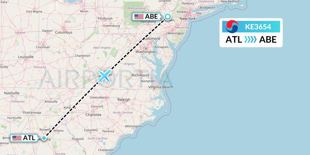 KE3654 Korean Air Flight Map: Atlanta to Allentown