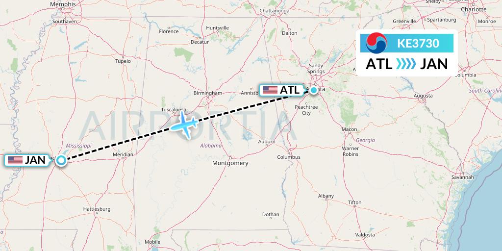 KE3730 Korean Air Flight Map: Atlanta to Jackson