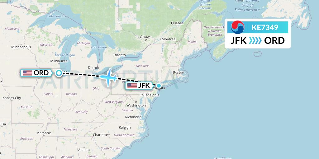 KE7349 Korean Air Flight Map: New York to Chicago
