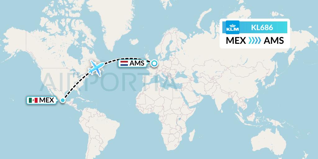 KL686 KLM Flight Map: Mexico City to Amsterdam