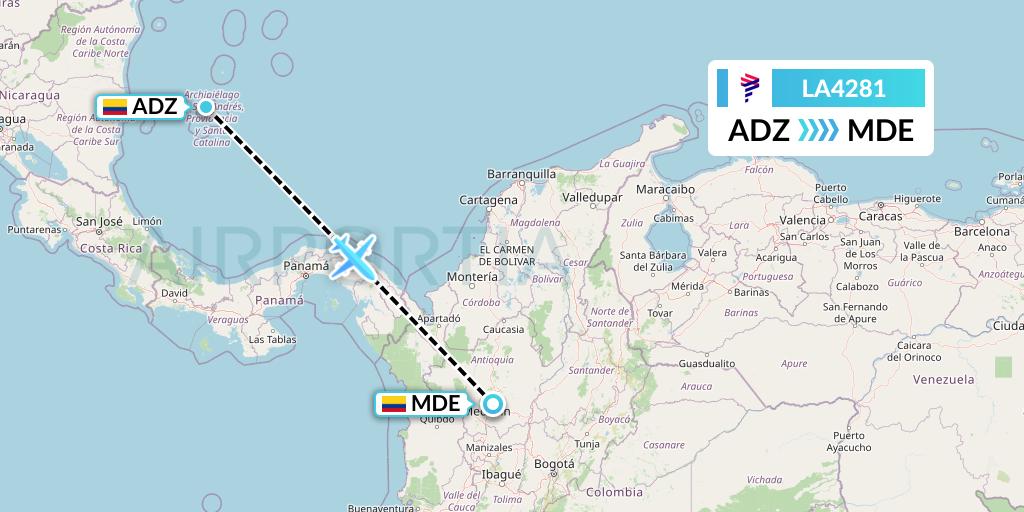 LA4281 LAN Airlines Flight Map: San Andres Island to Medellin