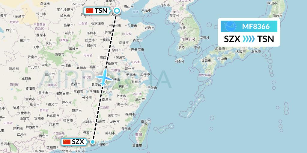 MF8366 Xiamen Airlines Flight Map: Shenzhen to Tianjin