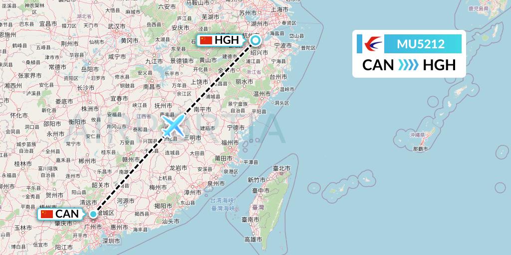 MU5212 China Eastern Airlines Flight Map: Guangzhou to Hangzhou