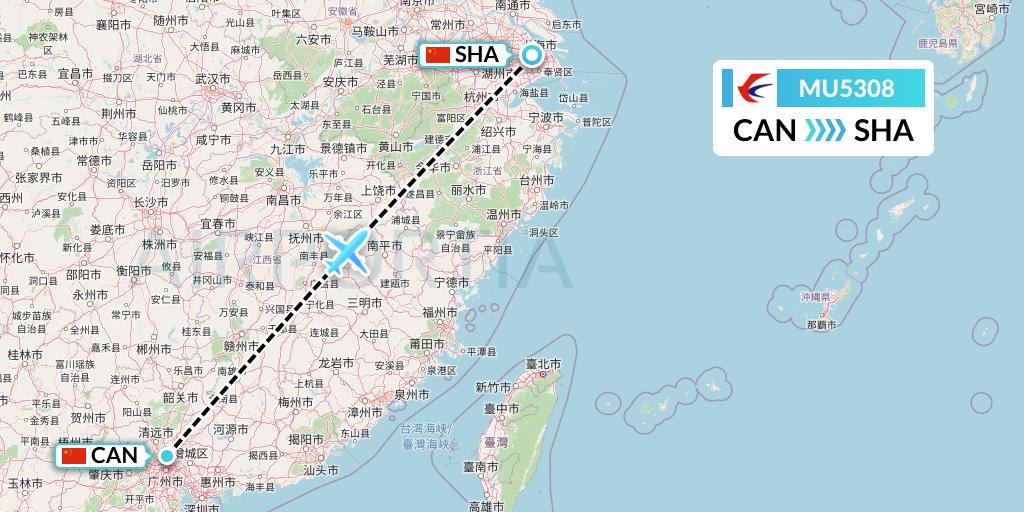 MU5308 China Eastern Airlines Flight Map: Guangzhou to Shanghai