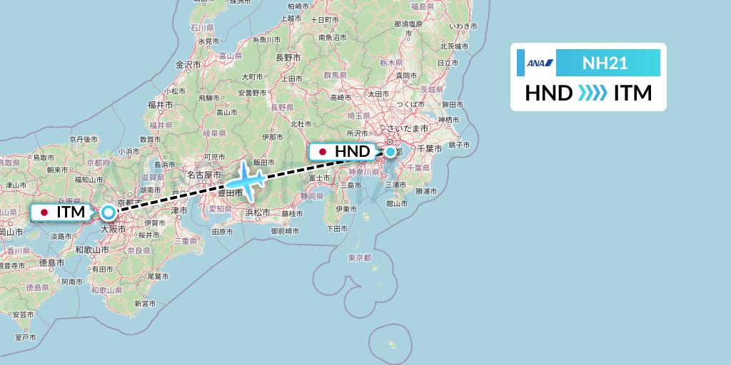 NH21 All Nippon Airways Flight Map: Tokyo to Osaka