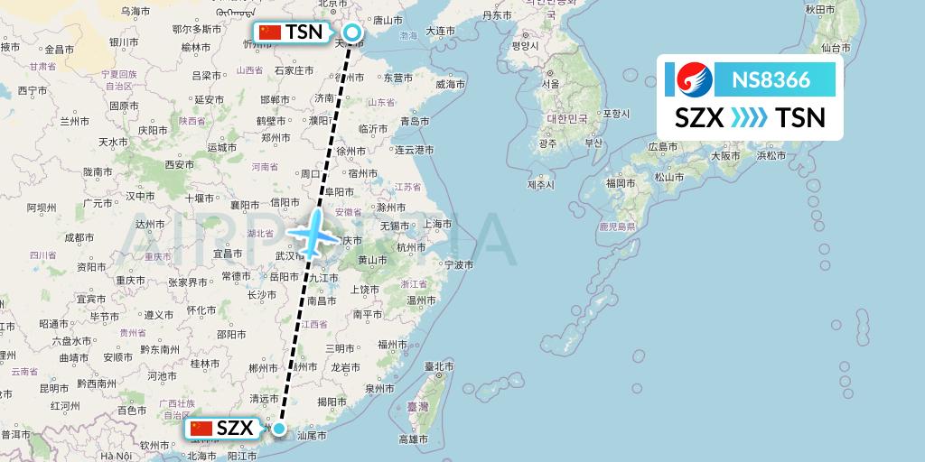 NS8366 Hebei Airlines Flight Map: Shenzhen to Tianjin