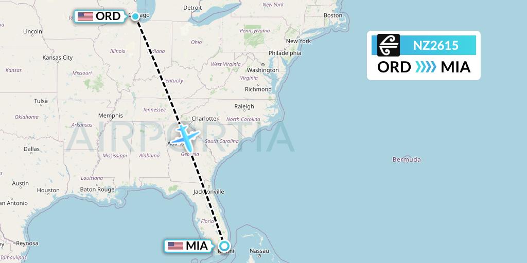 NZ2615 Air New Zealand Flight Map: Chicago to Miami