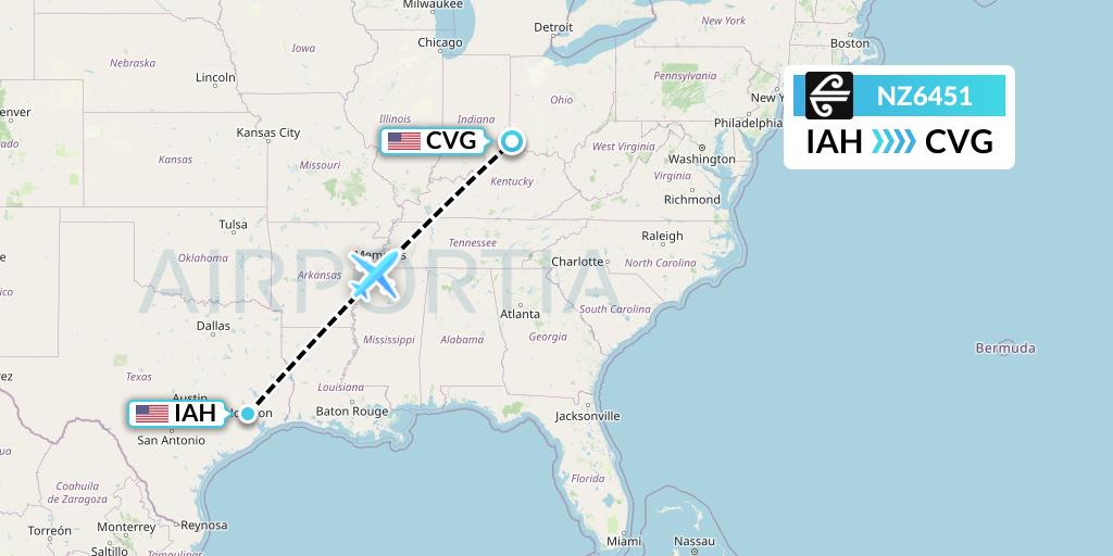 NZ6451 Air New Zealand Flight Map: Houston to Cincinnati