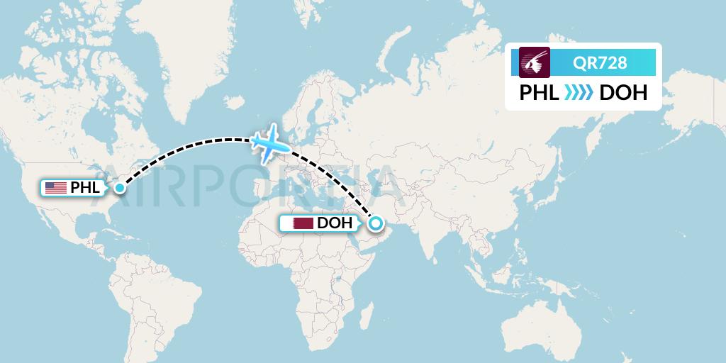 QR728 Qatar Airways Flight Map: Philadelphia to Doha