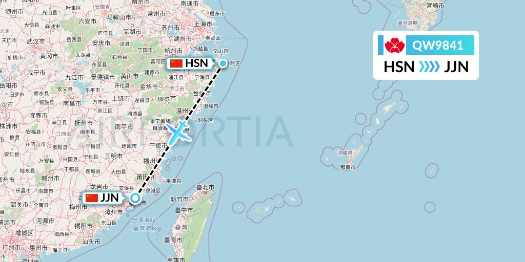 QW9841 Qingdao Airlines Flight Map: Zhoushan to Jinjiang