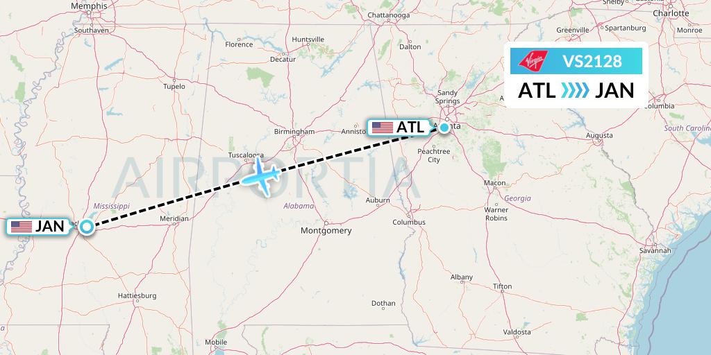 VS2128 Virgin Atlantic Airways Flight Map: Atlanta to Jackson
