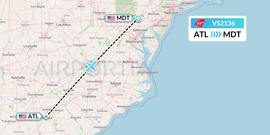 VS2136 Virgin Atlantic Airways Flight Map: Atlanta to Harrisburg