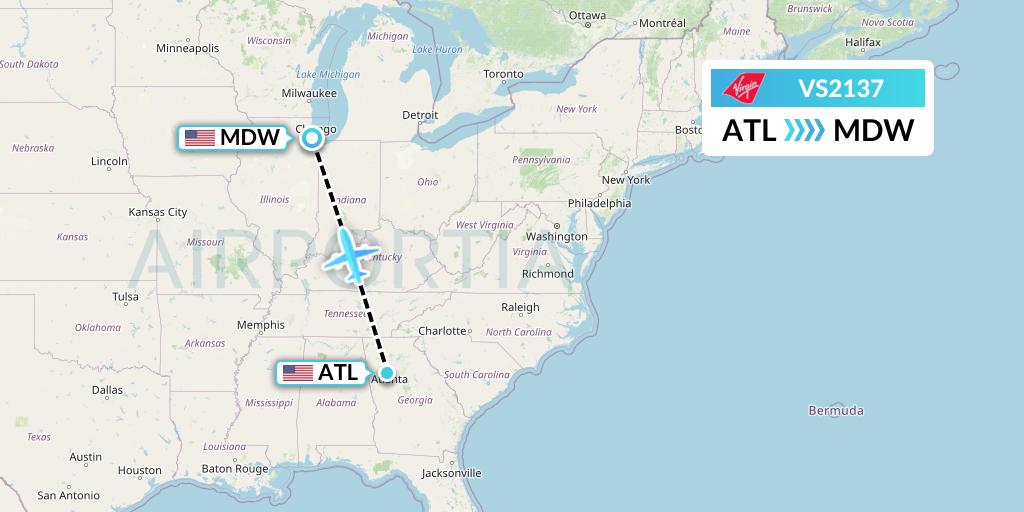 VS2137 Virgin Atlantic Airways Flight Map: Atlanta to Chicago