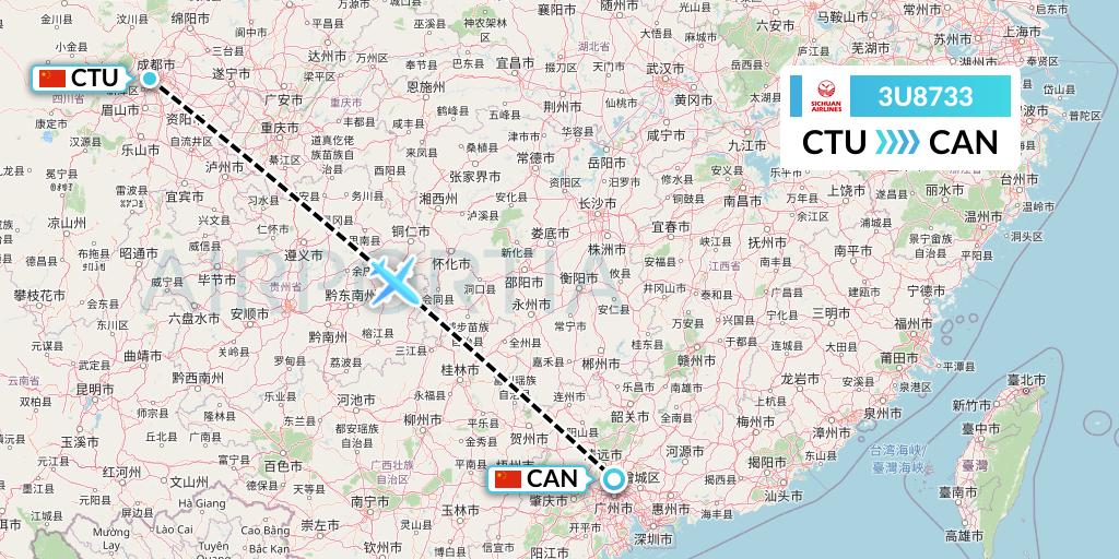 3U8733 Sichuan Airlines Flight Map: Chengdu to Guangzhou