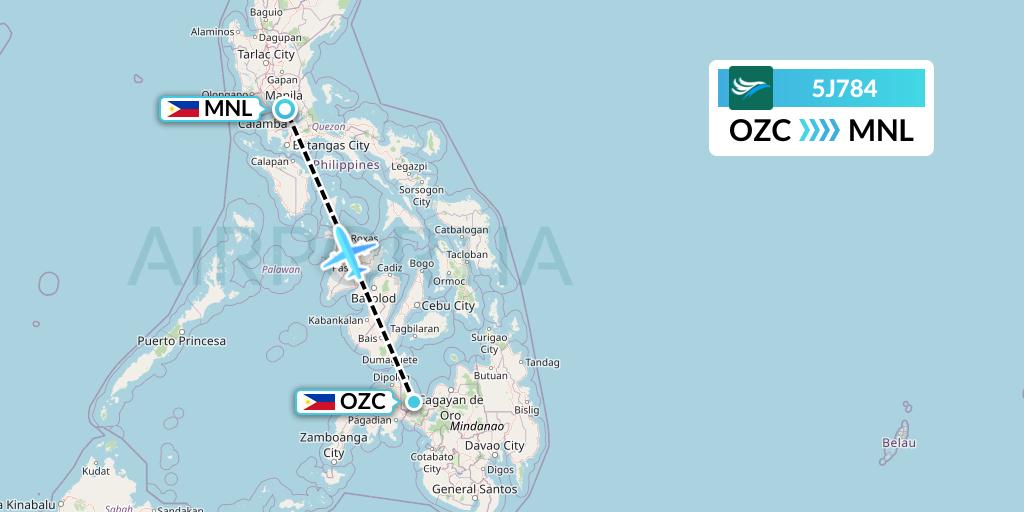 5J784 CEBU Pacific Air Flight Map: Ozamiz to Manila