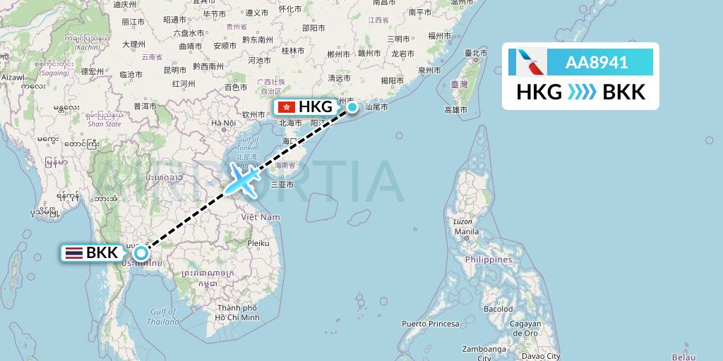 AA8941 American Airlines Flight Map: Hong Kong to Bangkok
