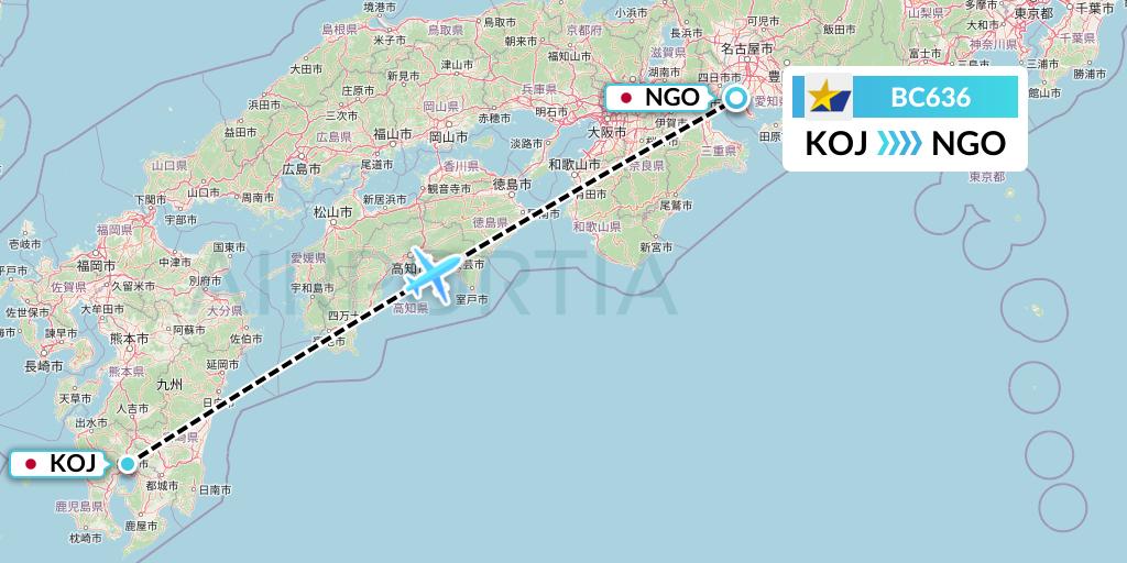 BC636 Skymark Airlines Flight Map: Kagoshima to Nagoya