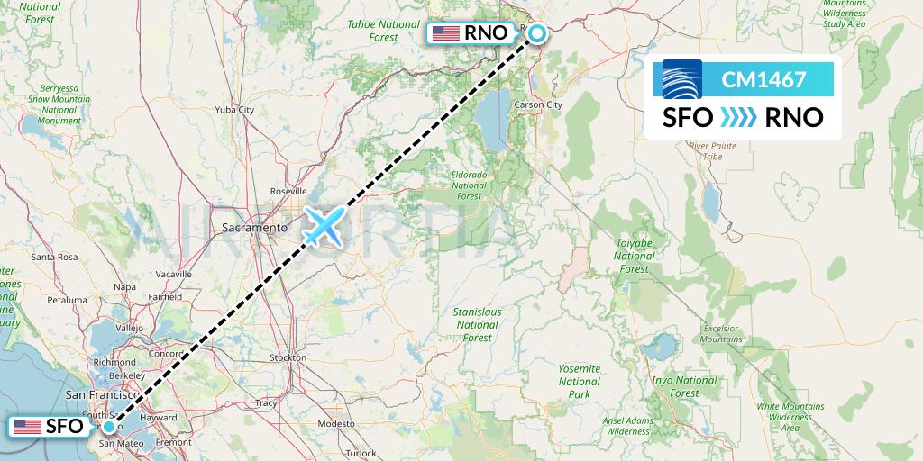 CM1467 Copa Airlines Flight Map: San Francisco to Reno