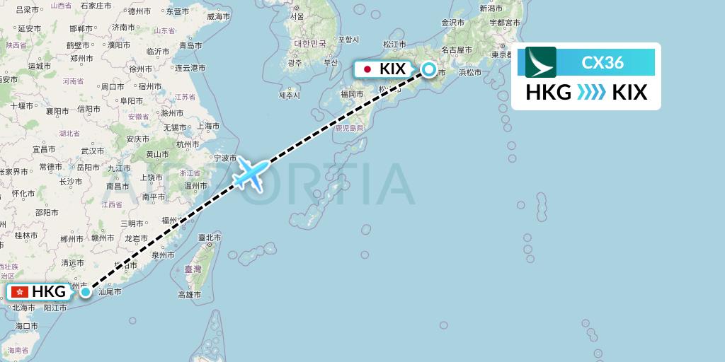 CX36 Cathay Pacific Flight Map: Hong Kong to Osaka
