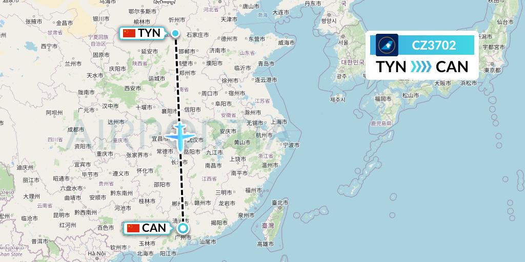 CZ3702 China Southern Airlines Flight Map: Taiyuan to Guangzhou