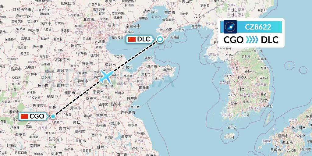 CZ8622 China Southern Airlines Flight Map: Zhengzhou to Dalian