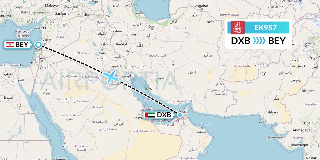 EK957 Emirates Flight Map: Dubai to Beirut
