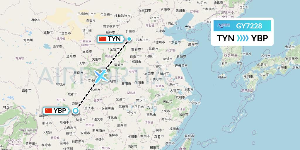 GY7228 Colorful GuiZhou Airlines Flight Map: Taiyuan to Yibin