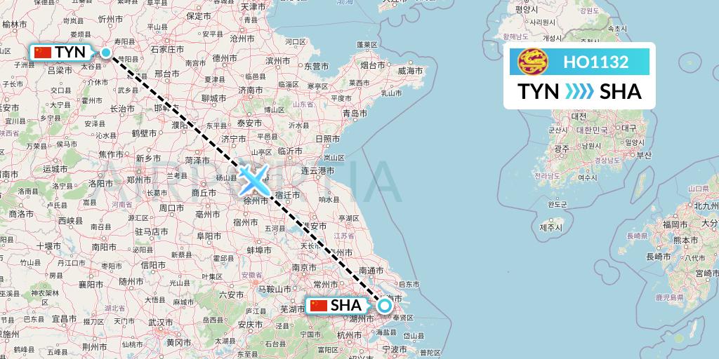 HO1132 Juneyao Airlines Flight Map: Taiyuan to Shanghai