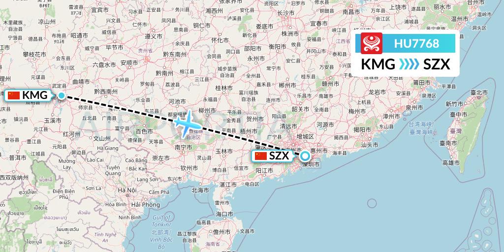 HU7768 Hainan Airlines Flight Map: Kunming to Shenzhen