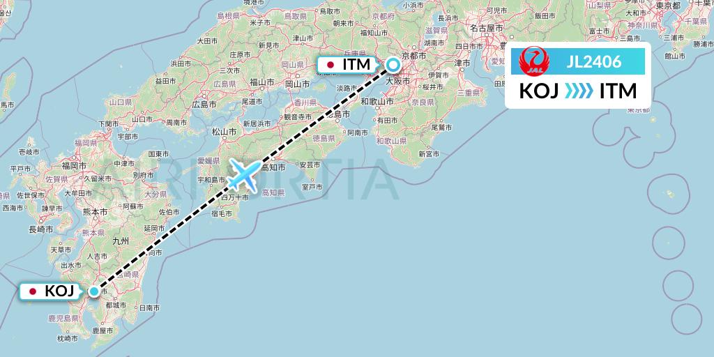 JL2406 Japan Airlines Flight Map: Kagoshima to Osaka