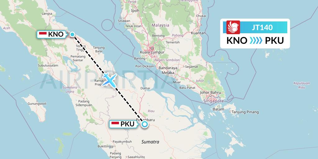 JT140 Lion Airlines Flight Map: Medan to Pekanbaru